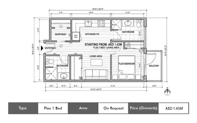 Danube Serenz Flex 1 Bed floor plan,  sq ft area