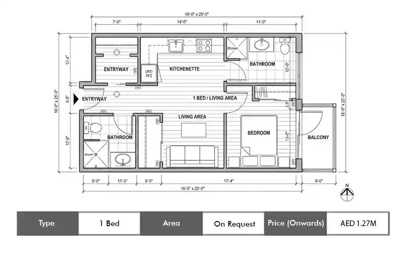 Danube Serenz 1 Bed floor plan,  sq ft area