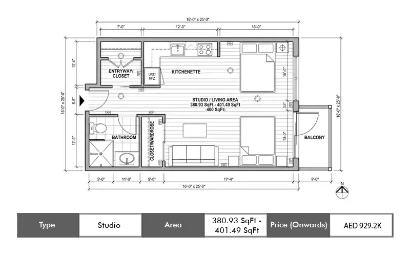 Danube Serenz Studio floor plan, 380 sq ft area